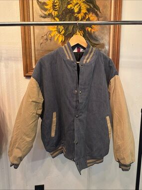 Men's Two-Tone Blue and Tan Varsity Jacket - Classic